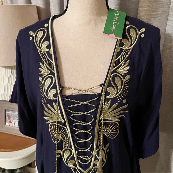 Lilly Pulitzer Womens‎ Small Blue Chai Caftan Dress True Gold Trim Coastal NEW - Picture 11 of 16